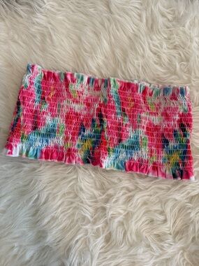 SHEIN Pink Multicolor Smocked Bandeau Bikini Top